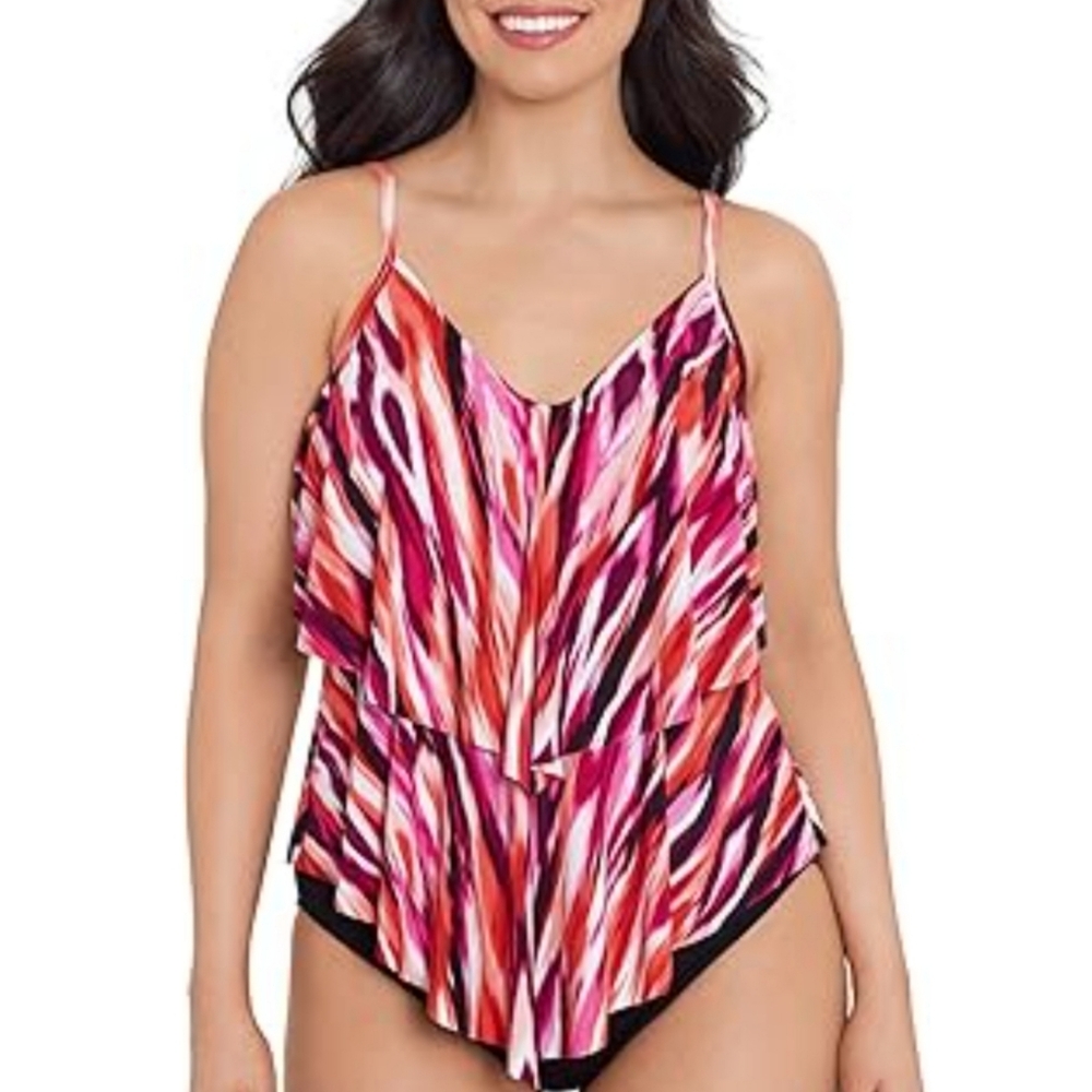 Trimshaper NWT Women's Ronnie Pink & Red Swim Tankini‎ Swimsuit Top Size 18W